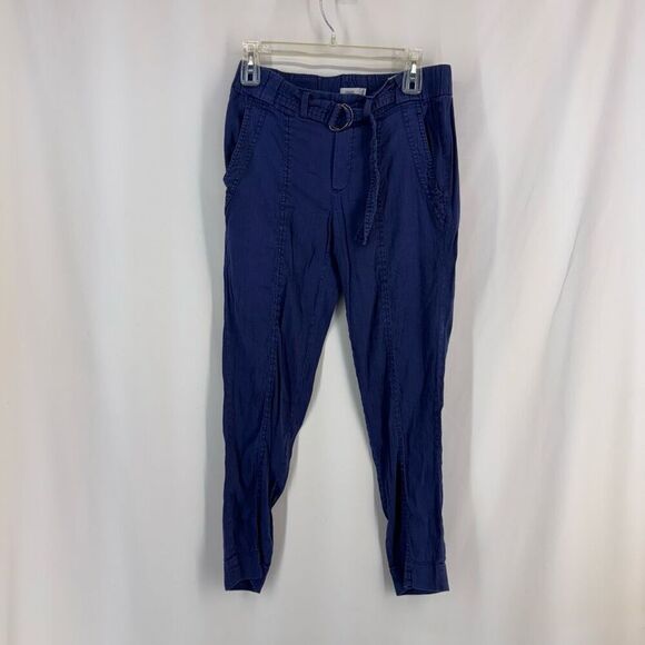 Vince Women's Blue Elastic Waist Belted Linen Blend Trousers Slim Pants Size 2 - Picture 9 of 14